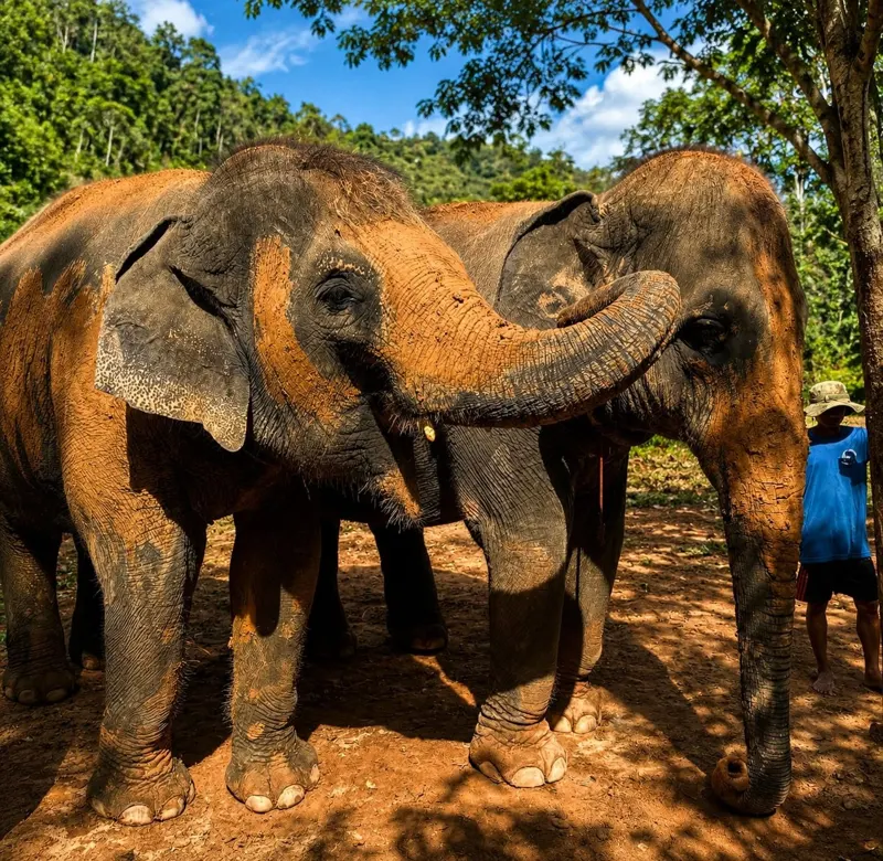 Rescued elephants at our ethical elephant sanctuary in Phuket