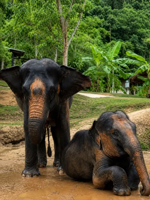 Rescued elephants at our ethical elephant sanctuary in Phuket